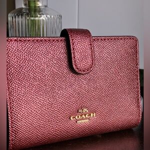 COACH Metallic Rose Pink Textured Leather Wallet with Gold Logo